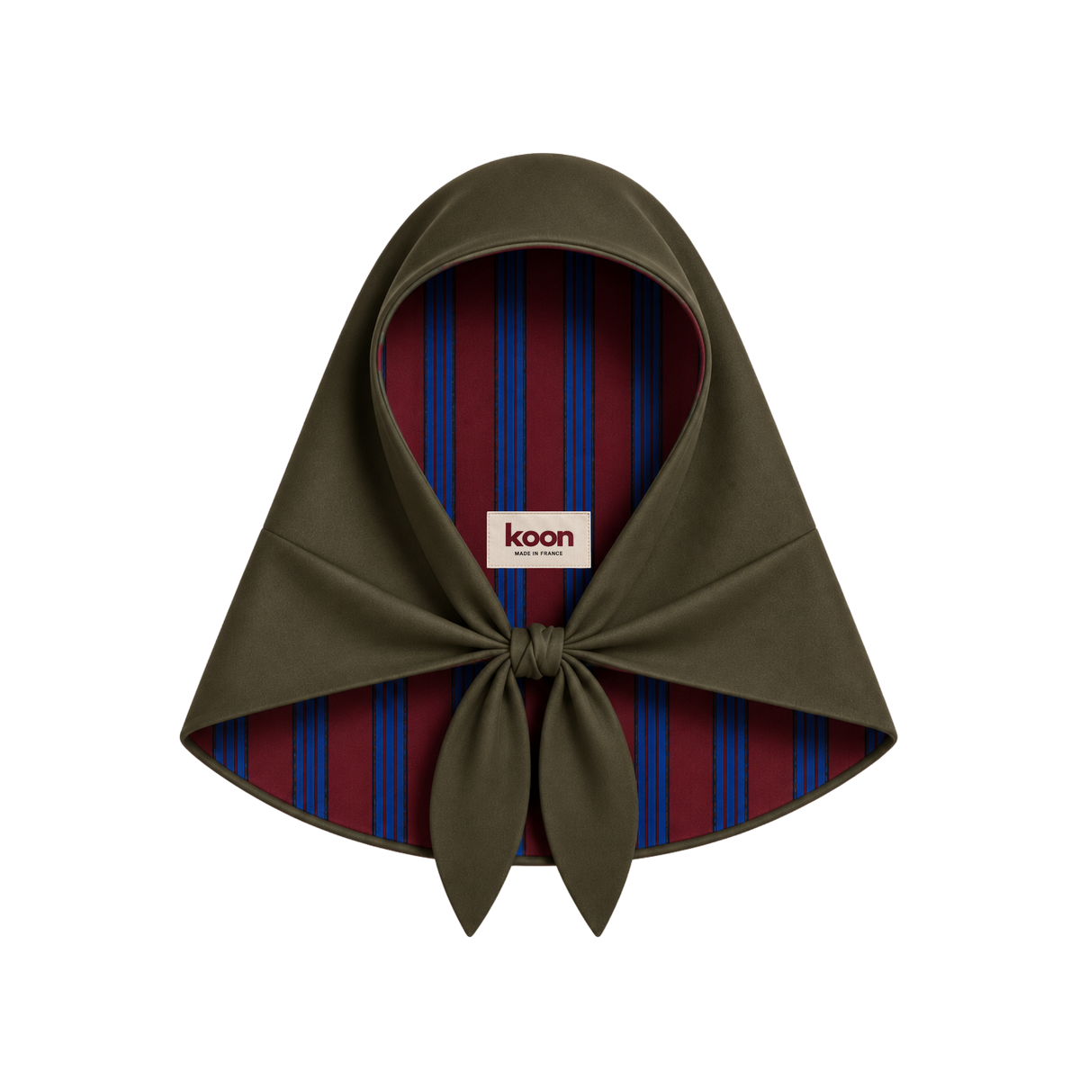 Capuche KOON amovible à nouer, réversible et imperméable kaki à rayures bleu/bordeaux.